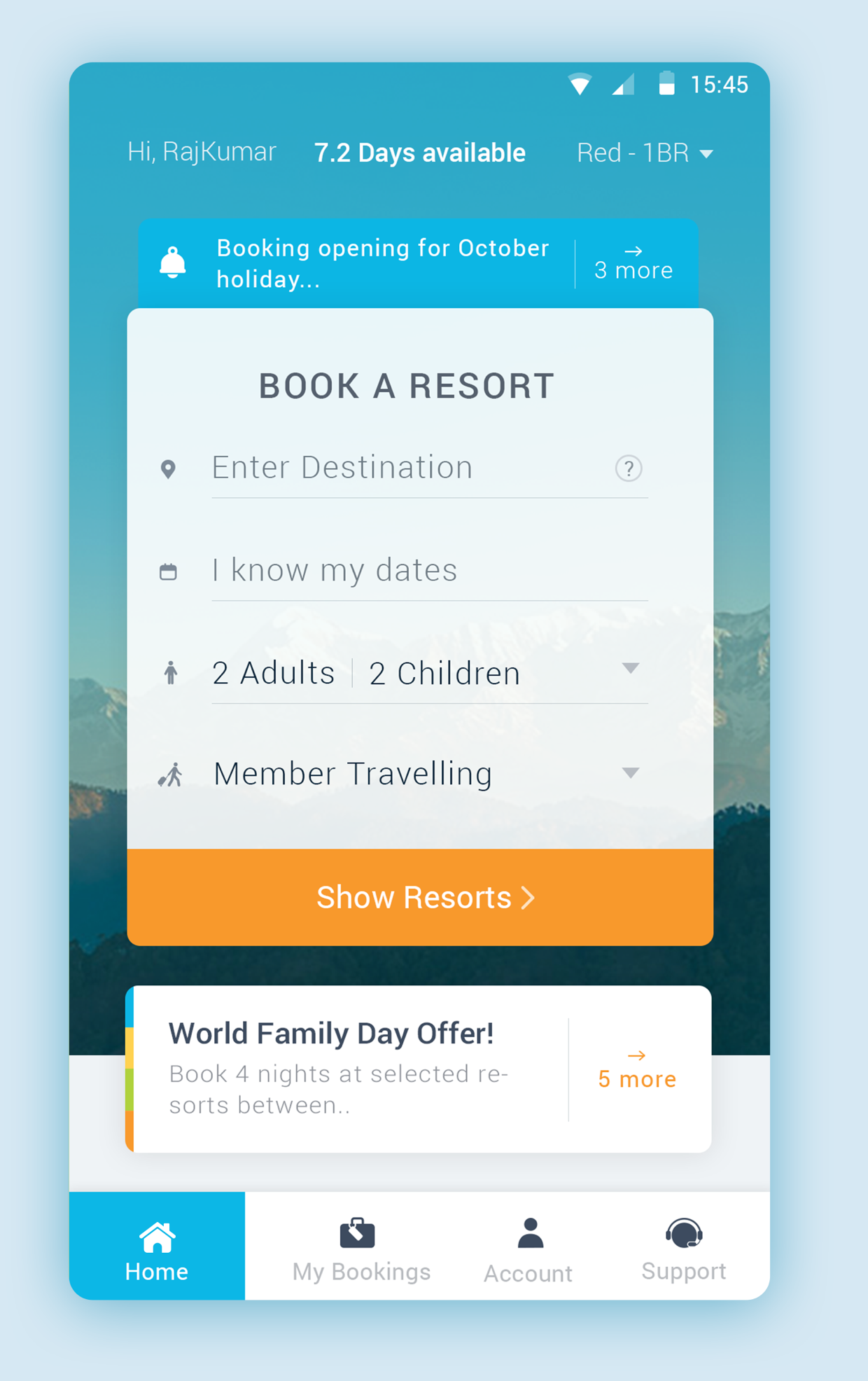 Conceived and designed a member mobile app for India's largest timeshare resorts company.